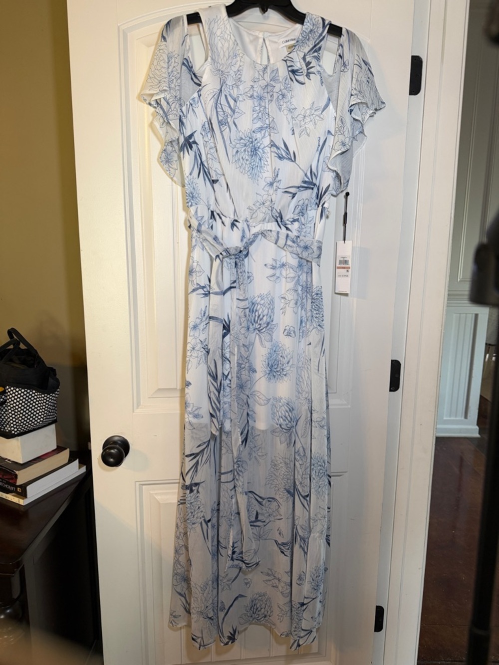 Calvin Klein White Maxi Dress with Light Blue Floral Print
